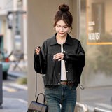2025新款修身翻领PU皮机车服显瘦时尚复古短款皮夹克，女装皮衣，自然秀