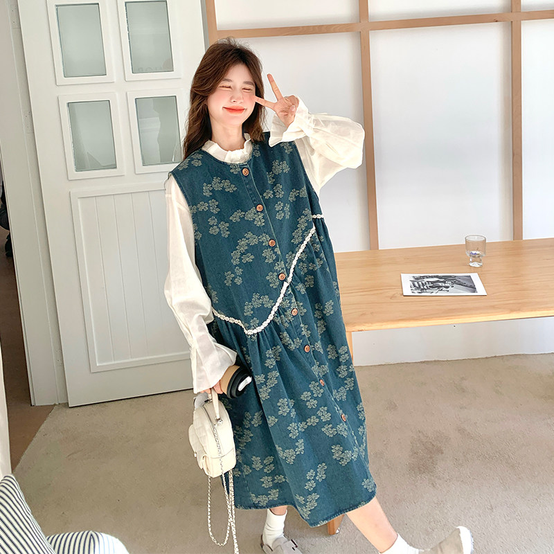学院风穿搭牛仔背心连衣裙女春秋超火好看高级感独特漂亮长裙套装图片