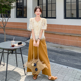 海边度假风无袖镂空罩衫阔腿裤套装女夏季新款独特漂亮ootd一整套，女装套装/套裙，2C166