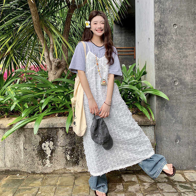 2025新款叠穿外穿网纱V领吊带背心连衣裙女P85-135套装P115-k169,女装连衣裙,2C299