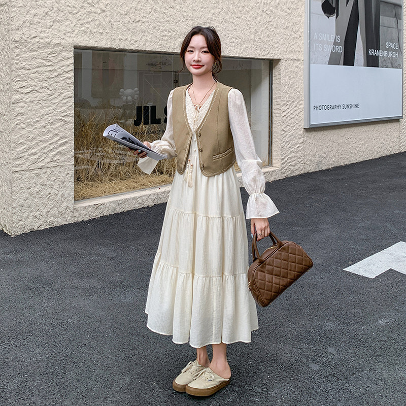 高级感小众马甲连衣裙套装女2025春秋季新款温柔风显瘦长裙两件套,女装套装/套裙,2C203