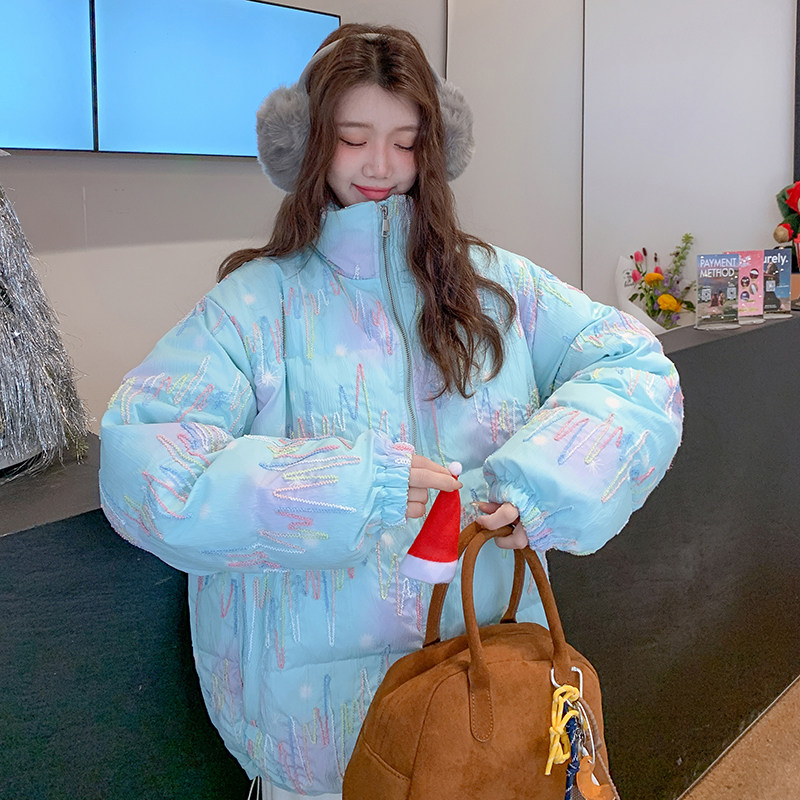 韩版学院风渐变印花立领羽绒服女2025冬季新款显瘦加厚白鸭绒外套,女装羽绒服,2C112