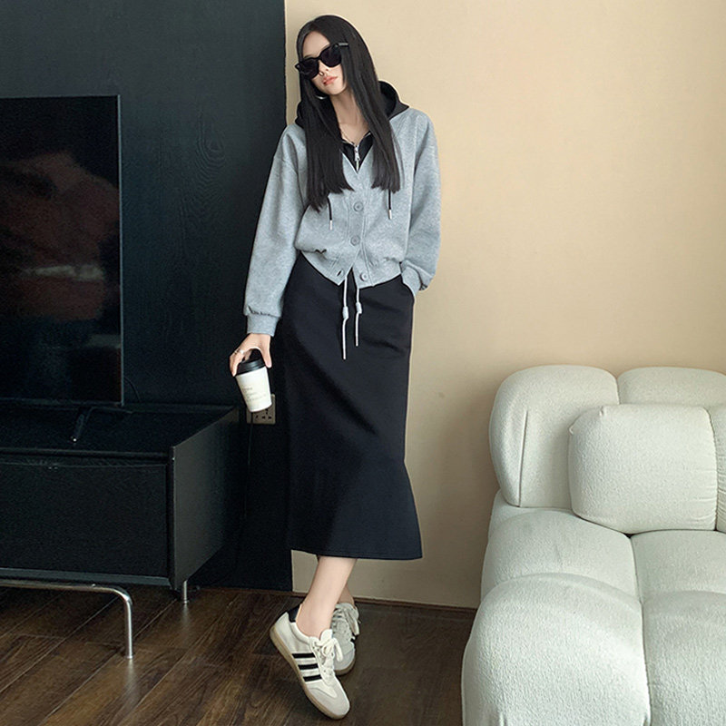 女春季新款潮牌连帽卫衣开叉半身裙两件套潮,女装套装/套裙,2C310
