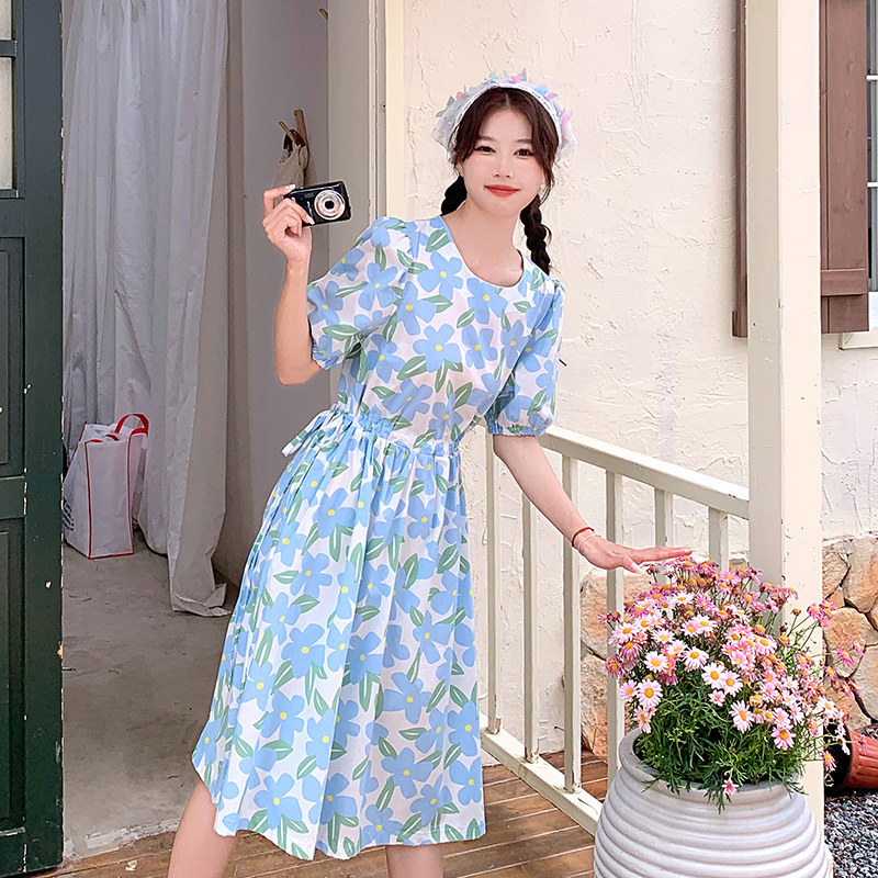 纯棉碎花连衣裙女2025年夏季新款高端气质系带收腰显瘦中长款裙子,女装连衣裙,幸运星