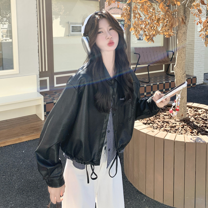 黑色假两件格纹拼接皮衣外套女春秋新款韩系甜酷时髦小个子pu夹克图片