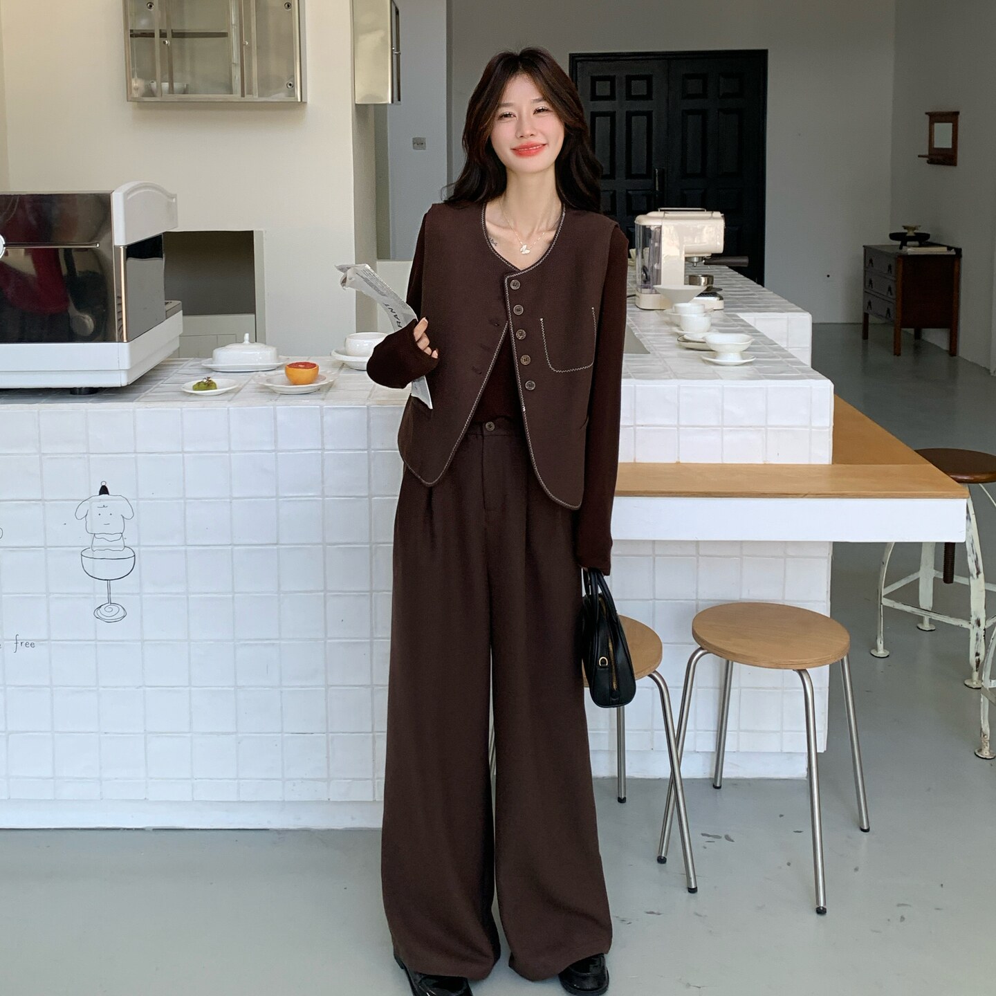 质感高级咖色西装马甲套装女2025春秋款时尚气质腰封阔腿裤三件套,女装套装/套裙,2C233
