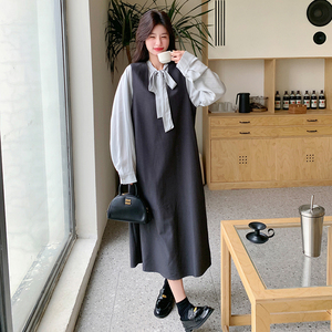 韩系松弛感穿搭学院风衬衫加背心裙套装女春秋超火好看长裙两件套图片