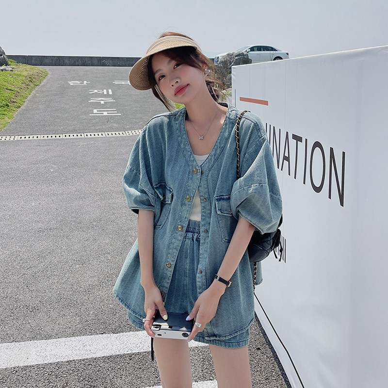 新款现货附买家秀复古宽松牛仔两件套套装150A-P125-控178,女装套装/套裙,2C075