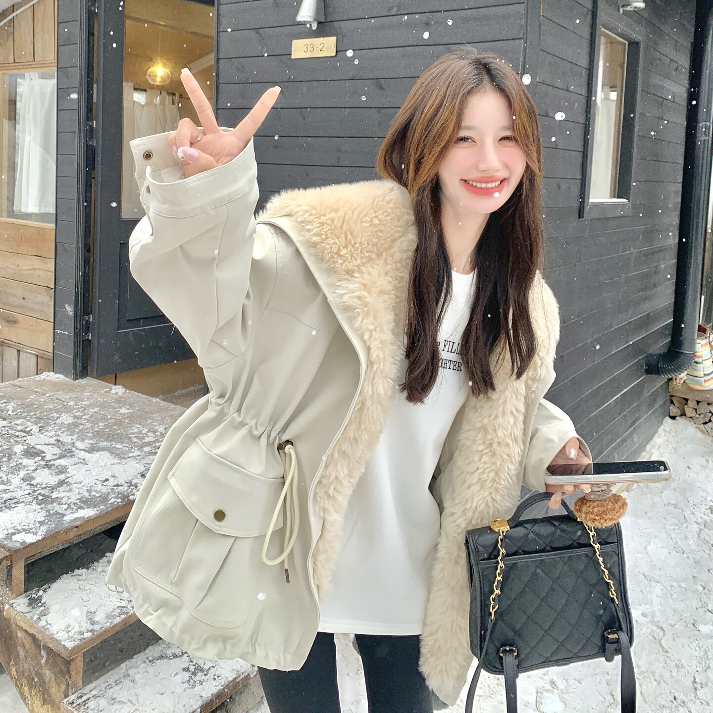 羊羔毛领派克羽绒服女2025冬季新款设计感加厚收腰显瘦白鸭绒外套,女装羽绒服,2C227