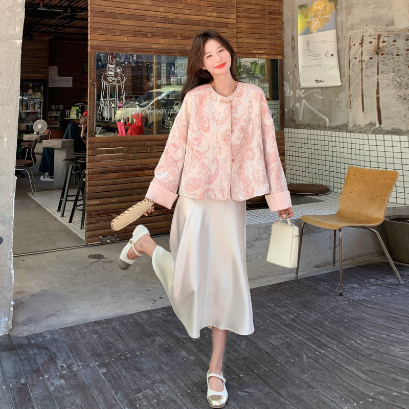新中式国风碎花粉色短外套女春秋2025新款小个子上衣甜美流行爆款,女装短外套,2B233