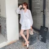 法式温柔风薄款防晒套装女2025夏季新款高级感衬衫阔腿短裤两件套，女装套装/套裙，2C166