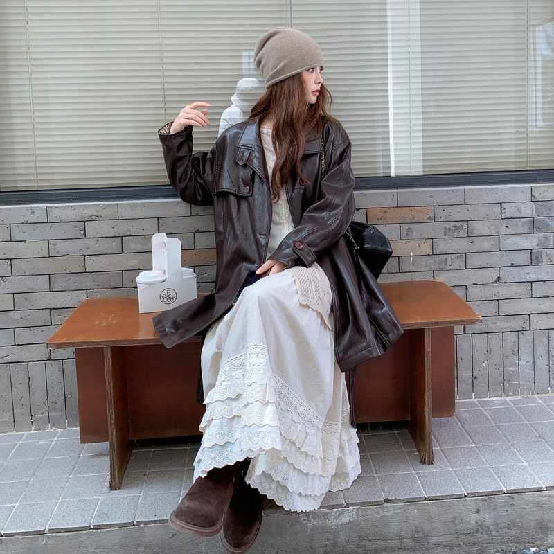 棕色美式复古穿搭腰带收腰皮衣外套女2025秋季新款中长款pu皮夹克,女装皮衣,2C291