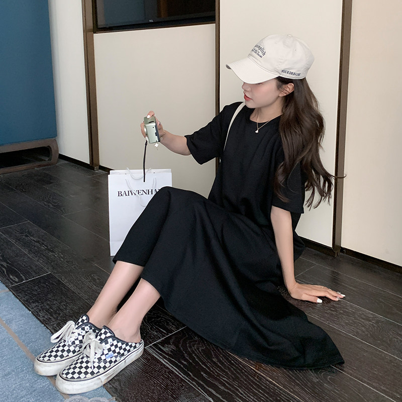 黑色短袖连衣裙女2025夏季新款今年流行宽松显瘦纸片人中长款裙子,女装连衣裙,2D043
