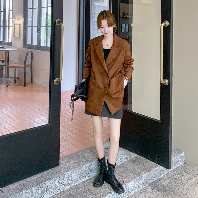 美拉德咖色麂皮绒西装外套女2025春秋新款韩系高级感炸街通勤西服,女装短外套,2C280