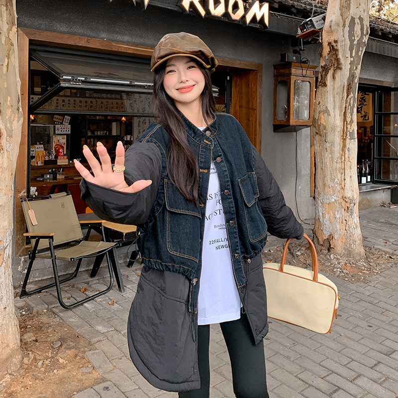 现2025冬装新款牛仔拼接假两件加厚棉服外套2C233-8837-P205-K289,女装棉衣/棉服,2C233