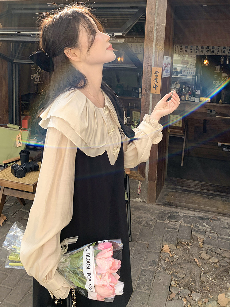 新中式国风盘扣撞色拼接连衣裙女2025春新款娃娃领宽松显瘦小黑裙,女装连衣裙,2C103