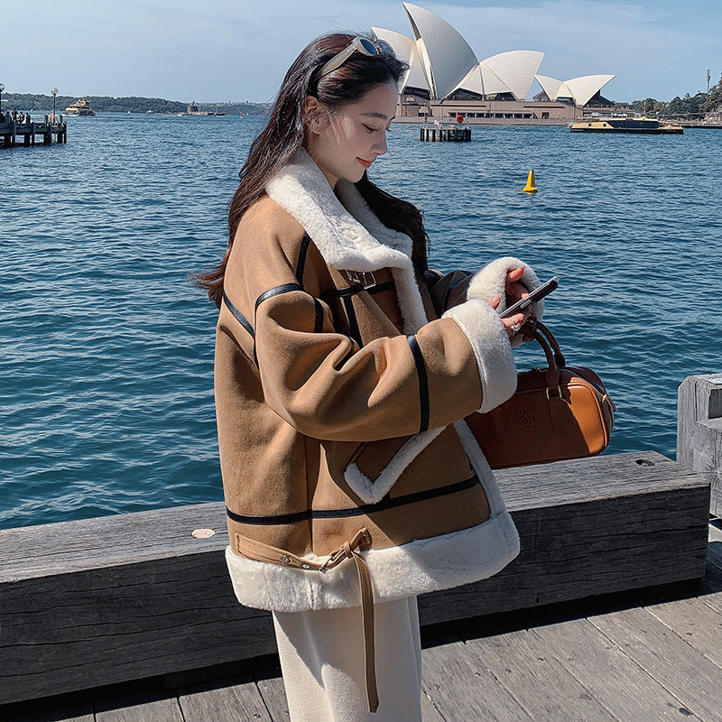 美式麂皮绒皮毛一体加绒外套女2025冬季新款咖色立领夹克机车服,女装皮草,2D008