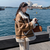 美式麂皮绒皮毛一体加绒外套女2025冬季新款咖色立领夹克机车服，女装皮草，2D008