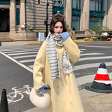 韩版气质宽松高级感外套女2025年秋冬季新款鹅黄色双排扣毛呢大衣，女装毛呢外套，2C030