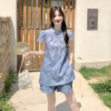 蓝色新中式国风提花套装女2025年夏季新款改良旗袍上衣短裤两件套，女装套装/套裙，2C135