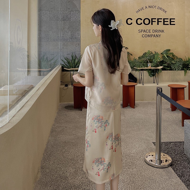 【现货】风印花气质优雅套装裙两件套2C029,女装套装/套裙,2C029