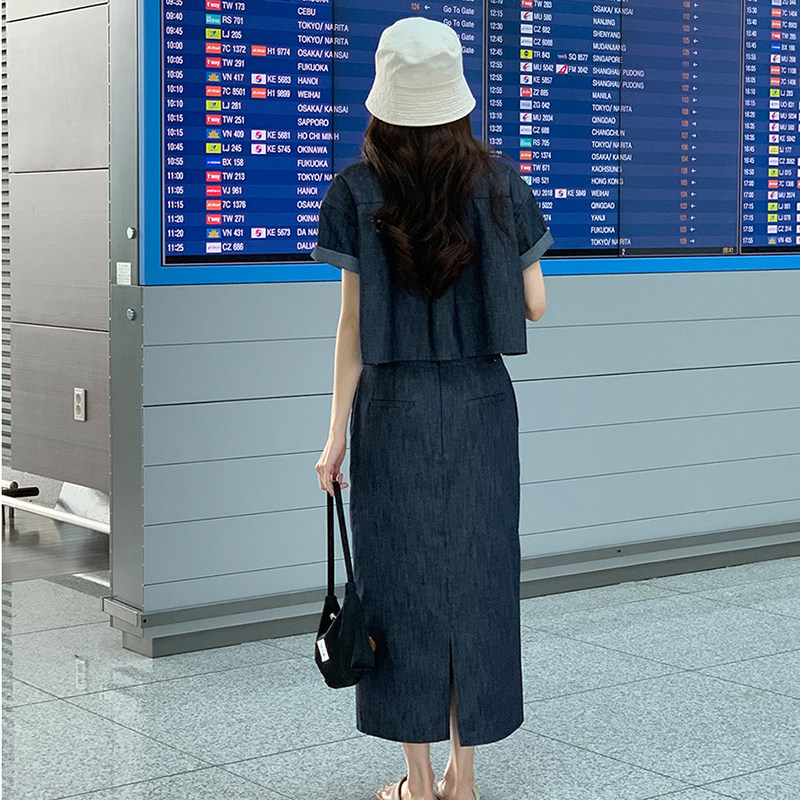 港风复古短袖衬衫套装夏季女2025新款小个子显瘦开叉半身裙两件套,女装套装/套裙,2C009