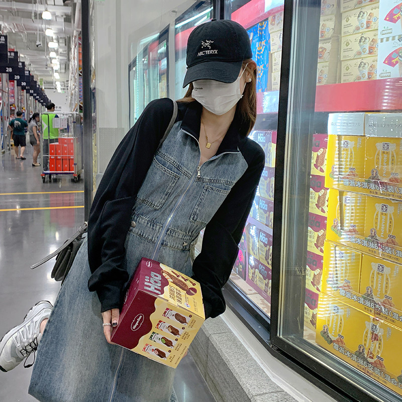 撞色拼接polo领牛仔连衣裙女2025秋季新款可盐可甜复古显瘦衬衫裙,女装连衣裙,2C098