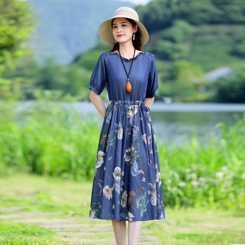 天丝牛仔连衣裙女夏薄款2023新款气质收腰显瘦气质拼接印花裙子,女装连衣裙,锦绣伊人