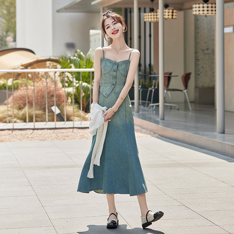 （新款）2025春夏吊带牛仔鱼尾半裙冰丝外披三件套1D060-180-278,女装套装/套裙,1D060