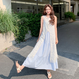 白色蕾丝镂空流苏罩衫蓝色条纹吊带长裙女夏新款显瘦两件套连衣裙，女装套装/套裙，2C012