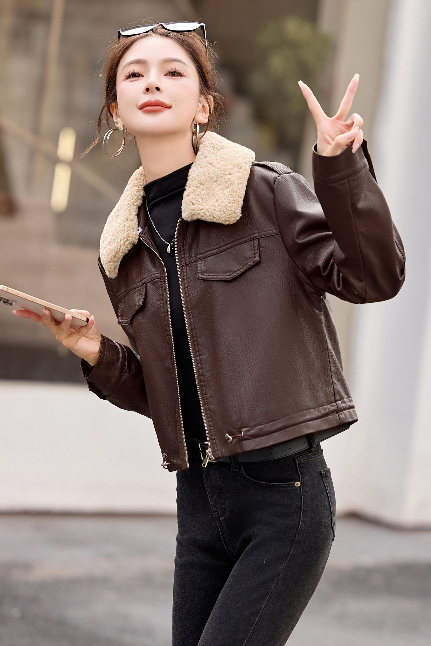 安可拉红加棉加厚皮衣女短外套polo领气质减龄百搭机车皮夹克,女装皮衣,吾爱衣