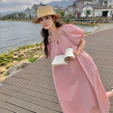 法式复古甜美泡泡袖连衣裙女2025夏季新款韩版宽松显瘦桔梗长裙子，女装连衣裙，2C087