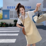 2025夏季新款韩版宽松显瘦百搭休闲短袖T恤+背带裙两件套套装女，女装套装/套裙，2C166