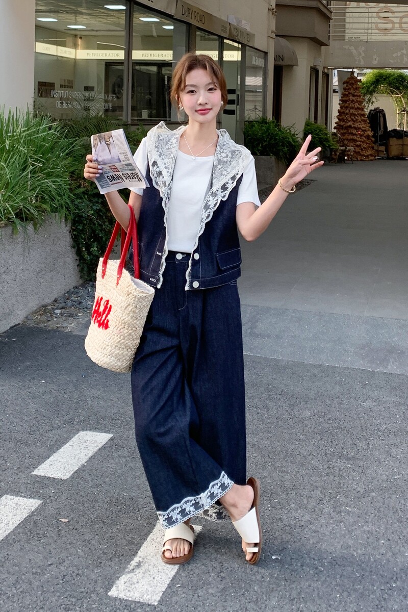 韩系蕾丝连帽牛仔马甲阔腿裤套装女夏大方得体减龄穿搭三件套爆款,女装套装/套裙,2C227