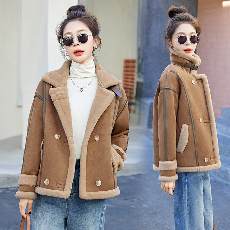 冬季宽松鹿皮绒羊羔毛外套女2022皮毛一体百搭立领机车服加绒加厚，女装棉衣/棉服，自然秀,女装棉衣/棉服,自然秀
