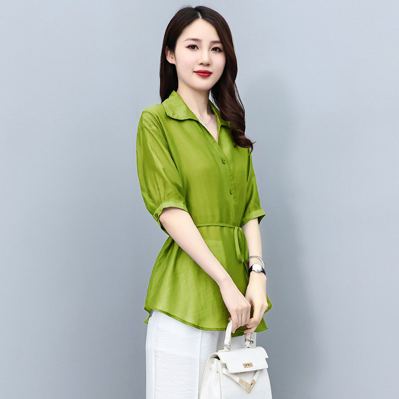 大量现货!24夏装新款宽松大码系带衬衣绿色衬衫加阔腿裤大码,女装衬衫,衣珂纱朗