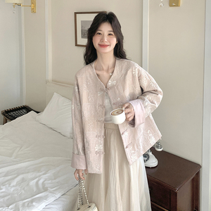 粉色新中式国风刺绣短外套女2025春季新款独特超好看气质圆领上衣图片