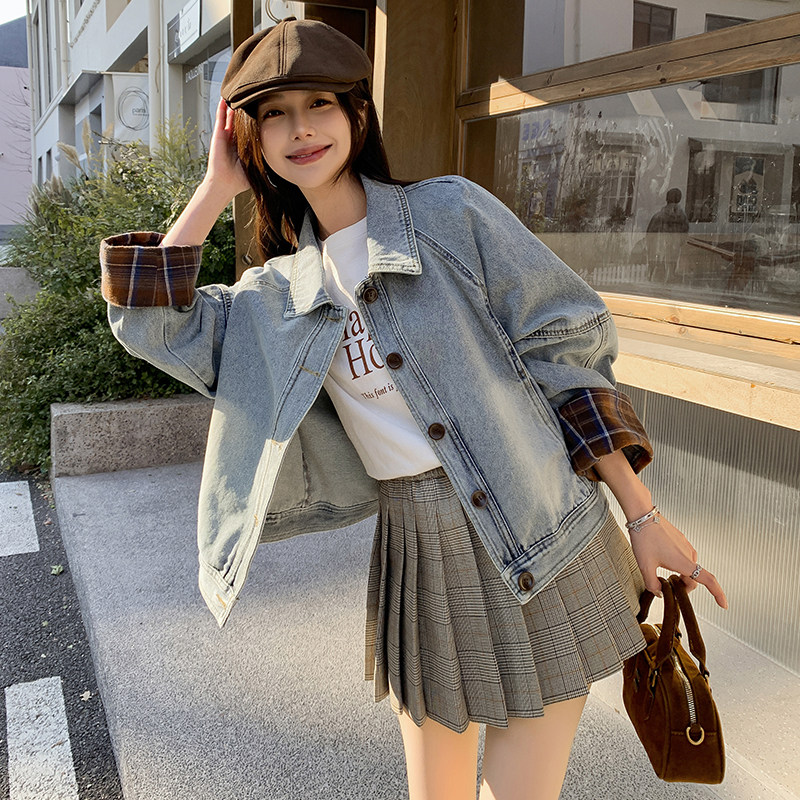 蓝色高级感格纹拼接牛仔外套女2025年秋季新款小个子翻领休闲夹克,女装短外套,2C215