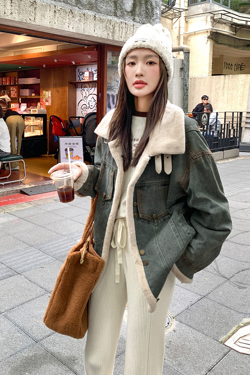 羊羔毛加绒牛仔衣女秋冬宽松加厚短外套3075-P195-K268,女装棉衣/棉服,2C166