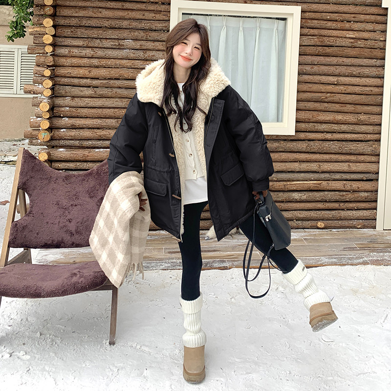 现货牛角扣加厚羊羔毛连帽休闲派克服5832-P275-K408,女装派克服,2C159
