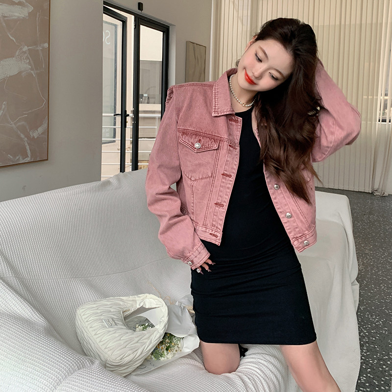 独特超好看粉色短款牛仔外套女春秋2025新款小众超火工装夹克上衣,女装短外套,2C122