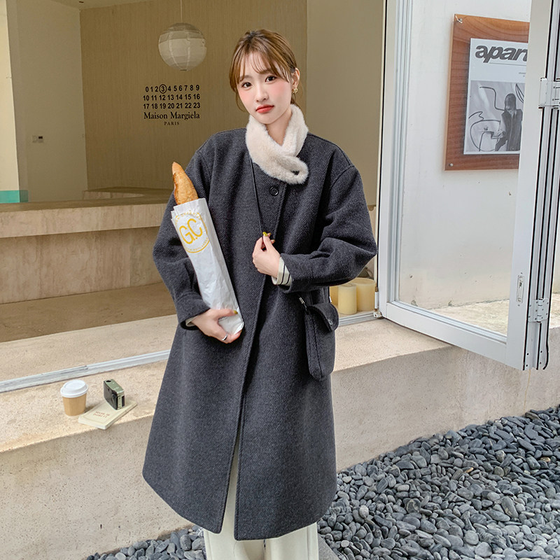 灰色高级感长款毛呢大衣女赫本风气质时尚呢子外套6103P205K298图片