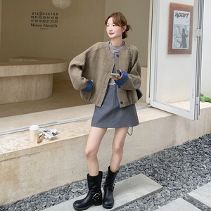 复古拼接格纹毛呢厚外套2025新款女冬小香风巨好看韩系短款呢大衣图片
