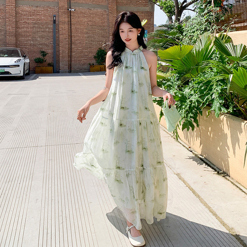 法式立领绣花挂脖连衣裙女2025夏季新款度假风不规则网纱拼接长裙,女装连衣裙,2D009