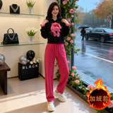 休闲运动套装女秋冬新款潮流时尚卡通刺绣连帽卫衣直筒长裤两件套，女装套装/套裙，2C310