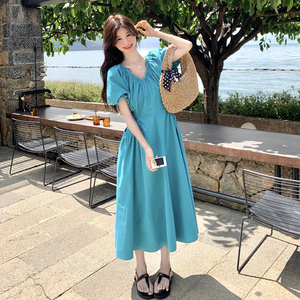 长裙泡泡袖V领法式v领中长连衣裙夏季法式休闲风国风时尚长裙大码图片