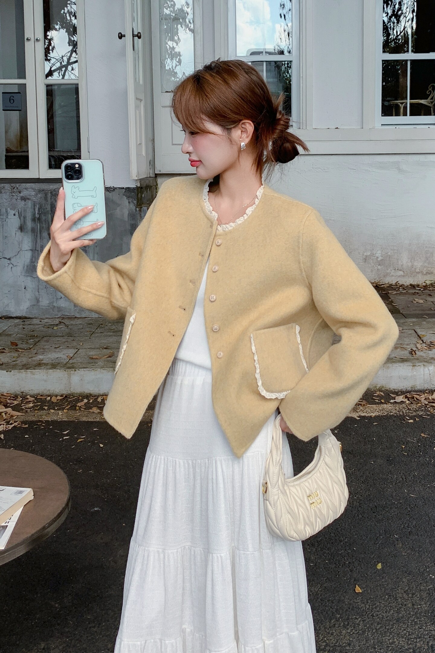 小香风蕾丝花边黄色毛呢外套女秋冬2025新款小个子独特漂亮巨好看图片