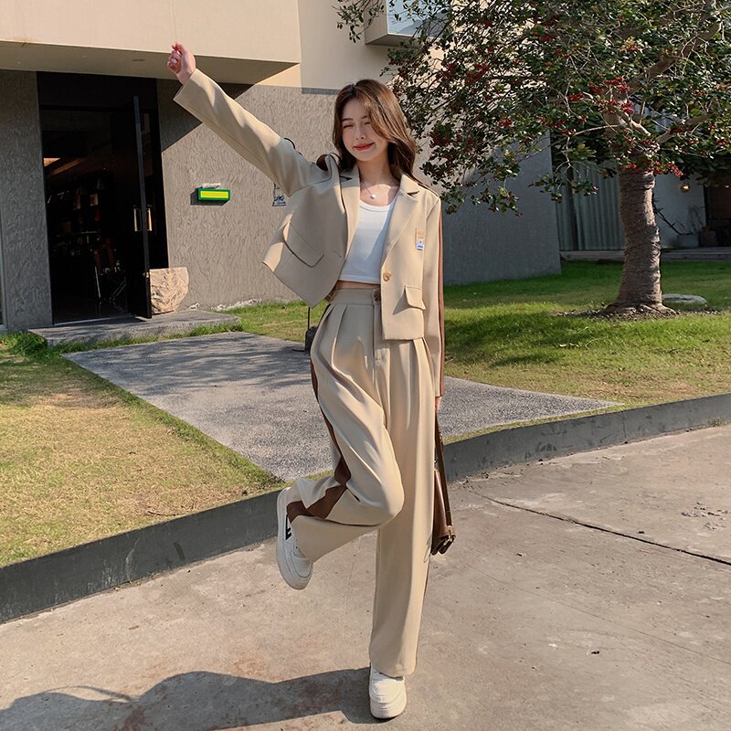 韩系高级感短款西装上衣套装女2025春秋季新款宽松显瘦长裤两件套图片