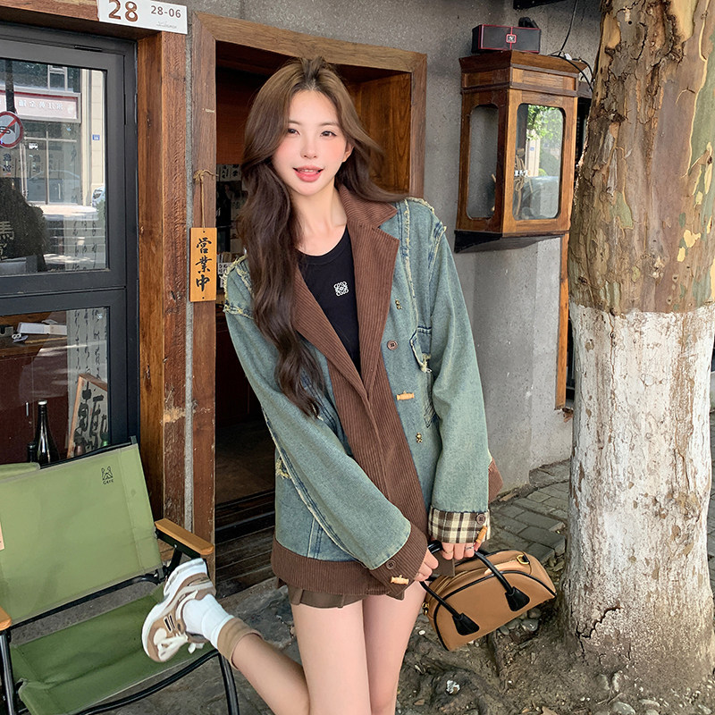 蓝色复古设计感小众撞色拼接牛仔外套女2025秋季新款休闲洋气上衣,女装西装,2D148