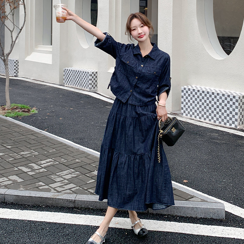 港风复古牛仔套装裙女2025春季新款时尚休闲衬衫外套半身裙两件套,女装套装/套裙,2C009
